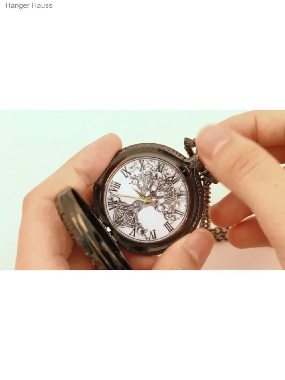 Vintage Tree of Life Pocket Watch with Chain, Quartz, Alloy Metal